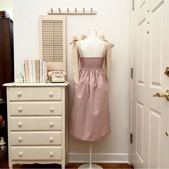 MIDI Dress, Ruched Bodice, Smocked Back, Long Wide Ties, S/M Fit, Dusty … - Picture 5 of 8